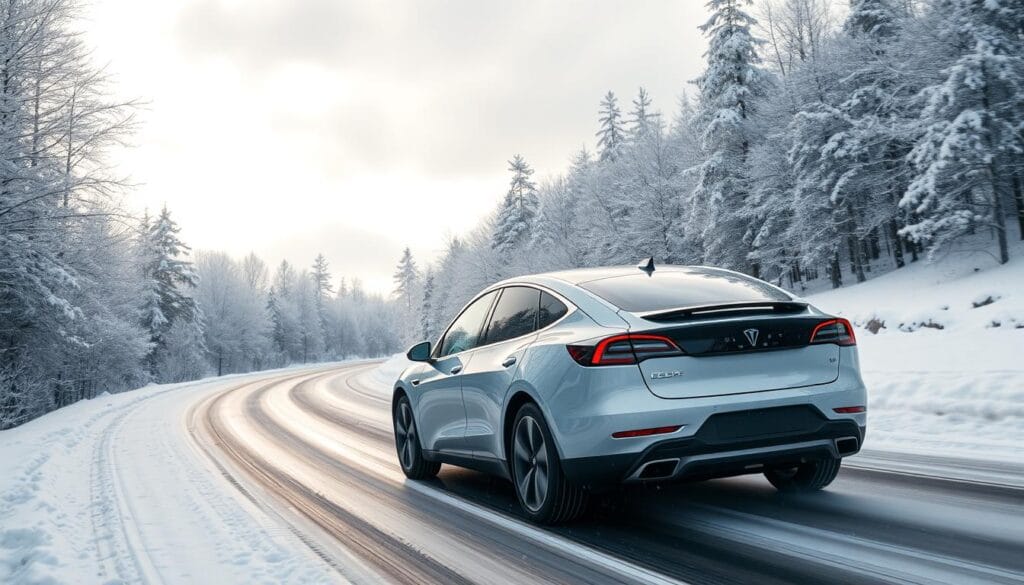 AWD electric car on a snowy road